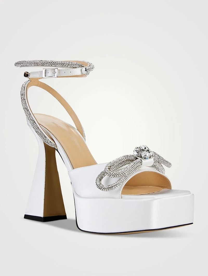 Double Bow Crystal-Embellished Satin Platform Sandals