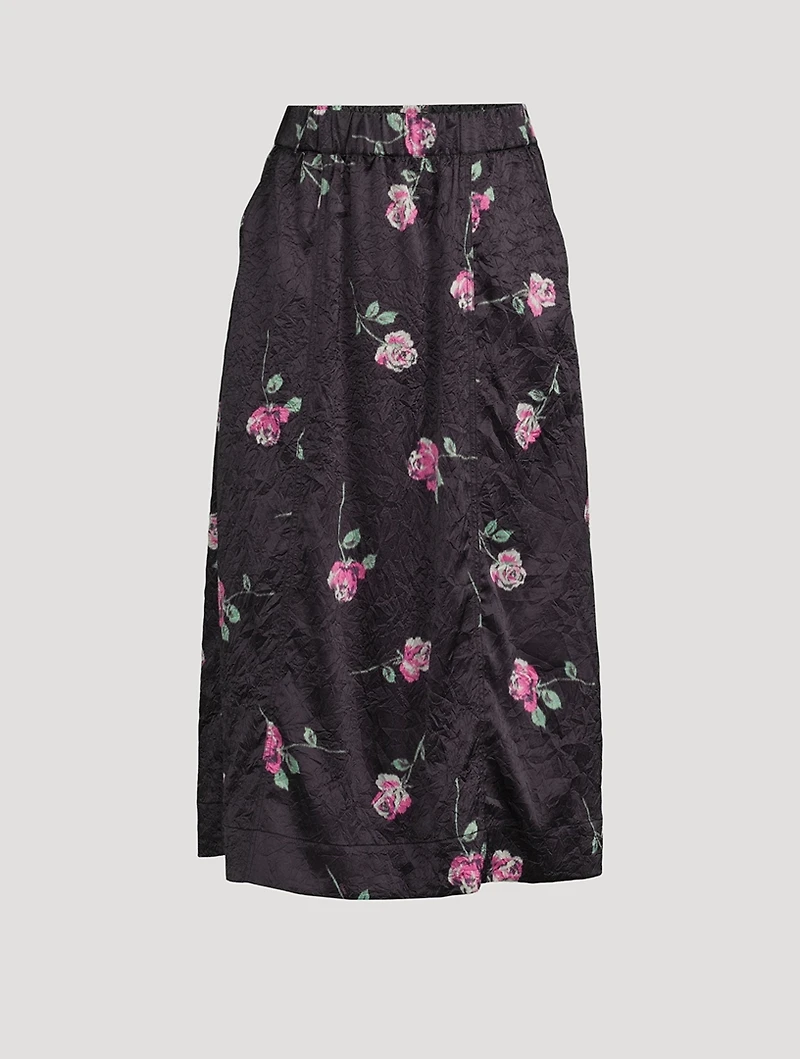 Crinkled Satin Midi Skirt Floral Print