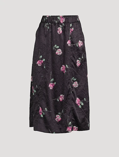 Crinkled Satin Midi Skirt Floral Print