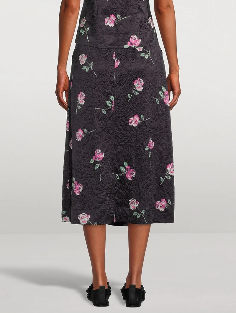 Crinkled Satin Midi Skirt Floral Print
