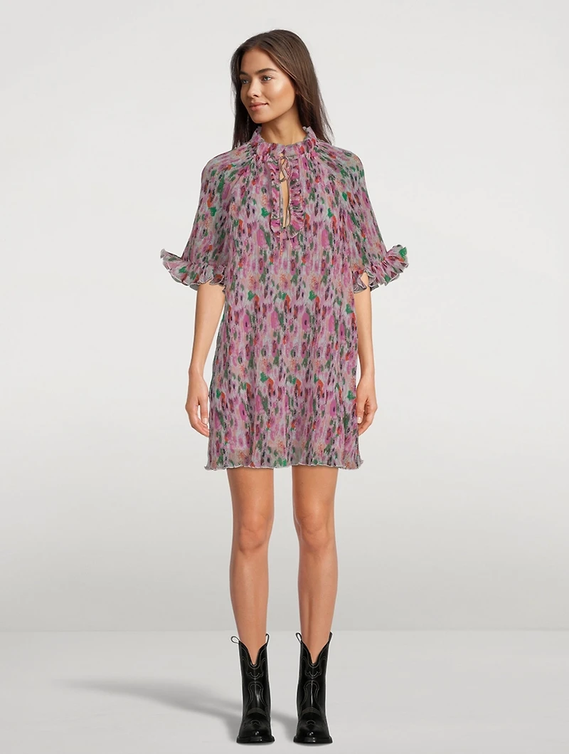 Pleated Georgette Mini Dress Floral Print
