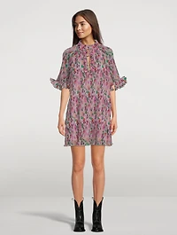 Pleated Georgette Mini Dress Floral Print