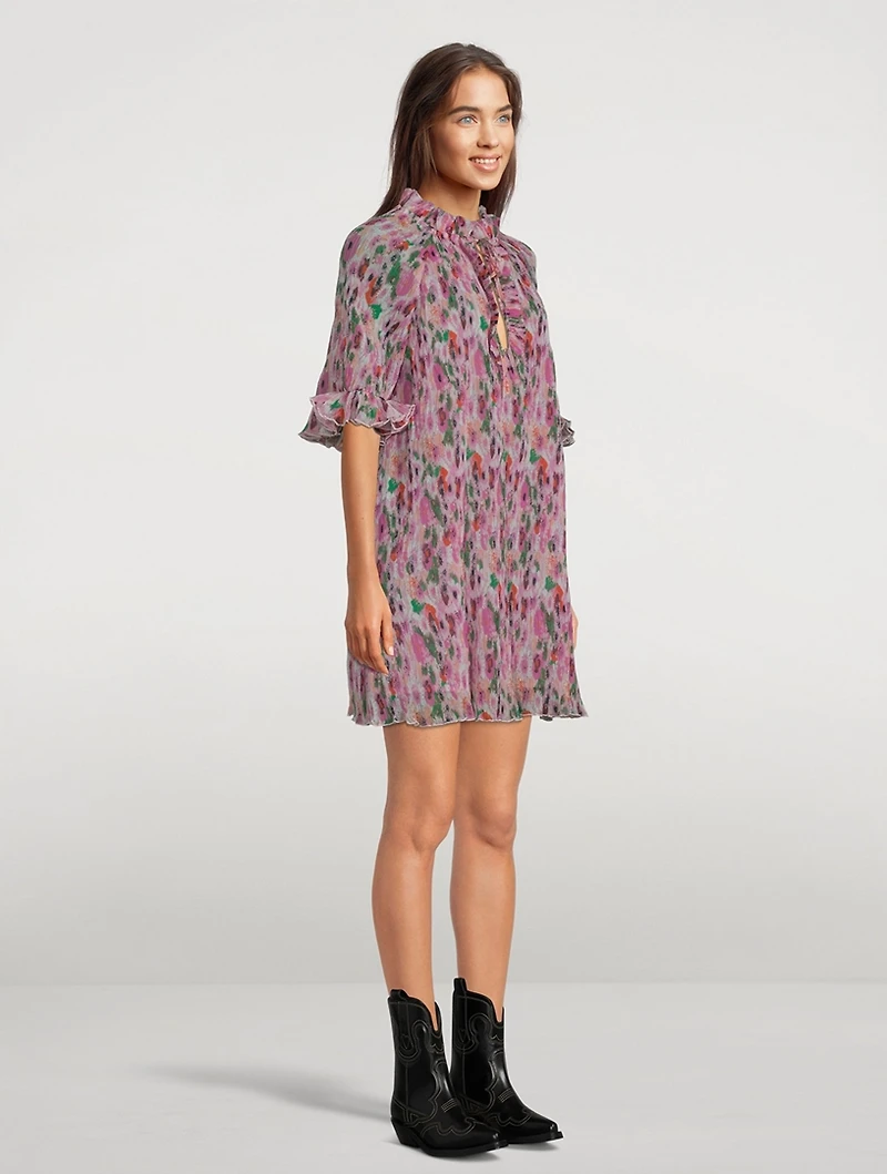 Pleated Georgette Mini Dress Floral Print
