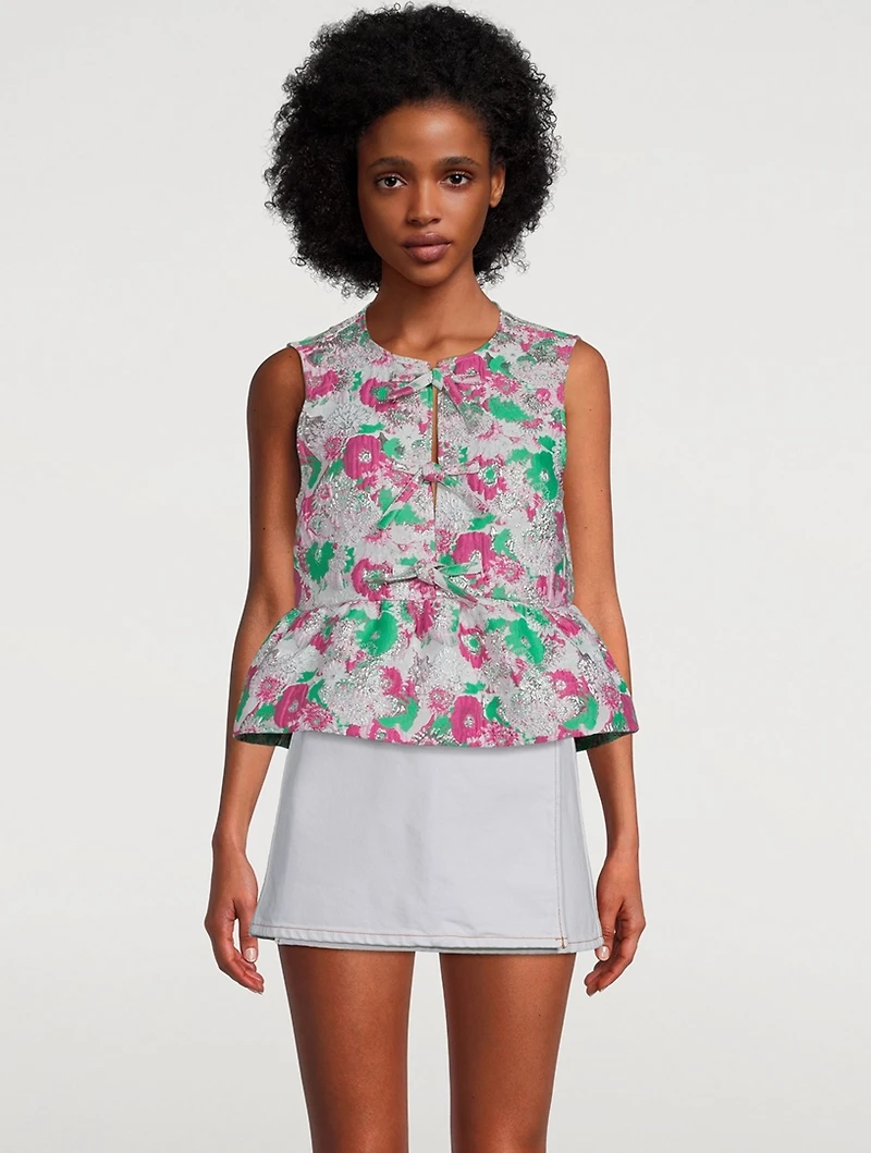 3D Jacquard Tie-Front Blouse