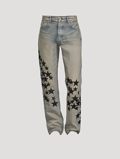 Leather Star Patches Straight Jeans