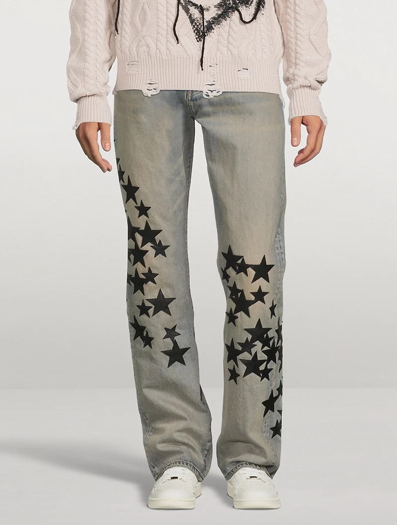 Leather Star Patches Straight Jeans