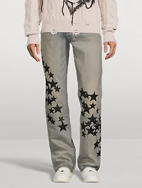 Leather Star Patches Straight Jeans