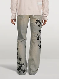 Leather Star Patches Straight Jeans