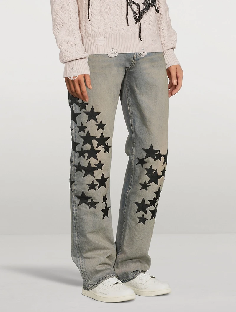 Leather Star Patches Straight Jeans