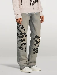 Leather Star Patches Straight Jeans