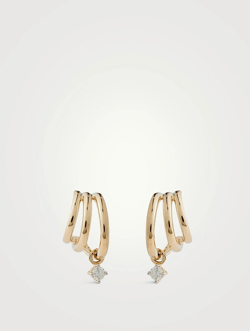 14K Gold Triple Huggie Earrings With Diamond Drop
