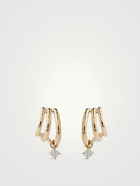 14K Gold Triple Huggie Earrings With Diamond Drop