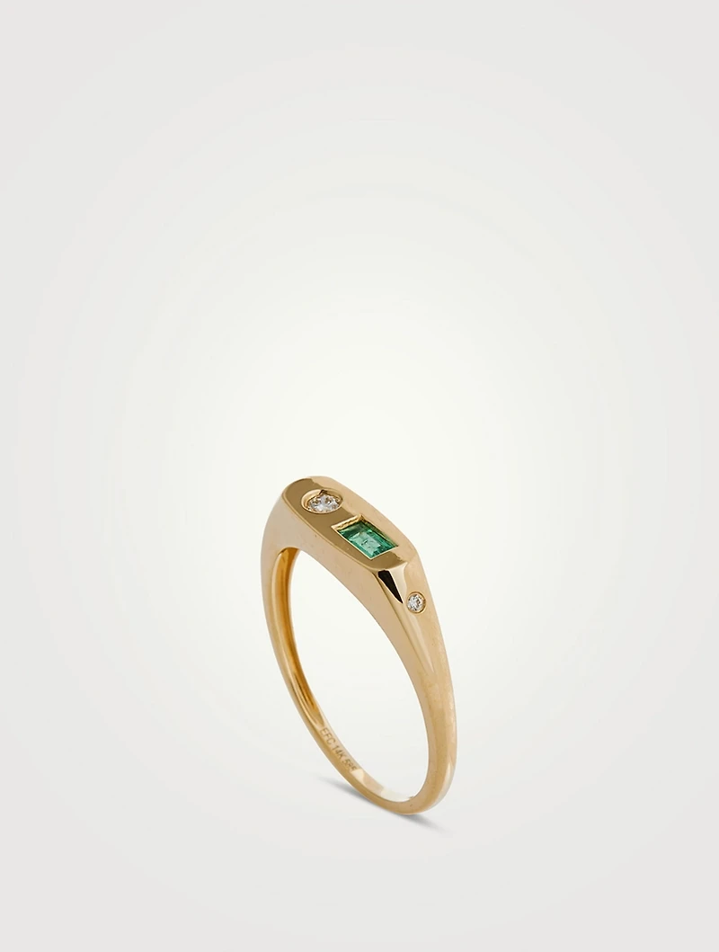 14K Gold Treasure Ring With Emerald And Diamond