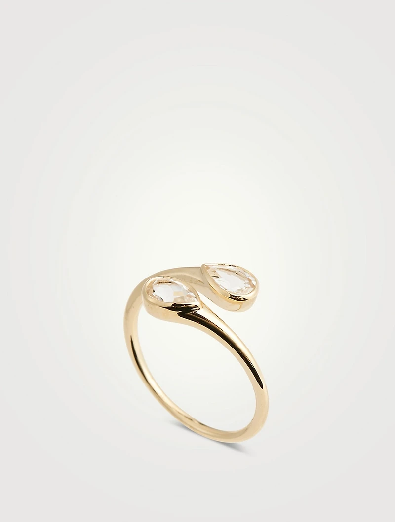 14K Gold White Quartz Double Pear Ring