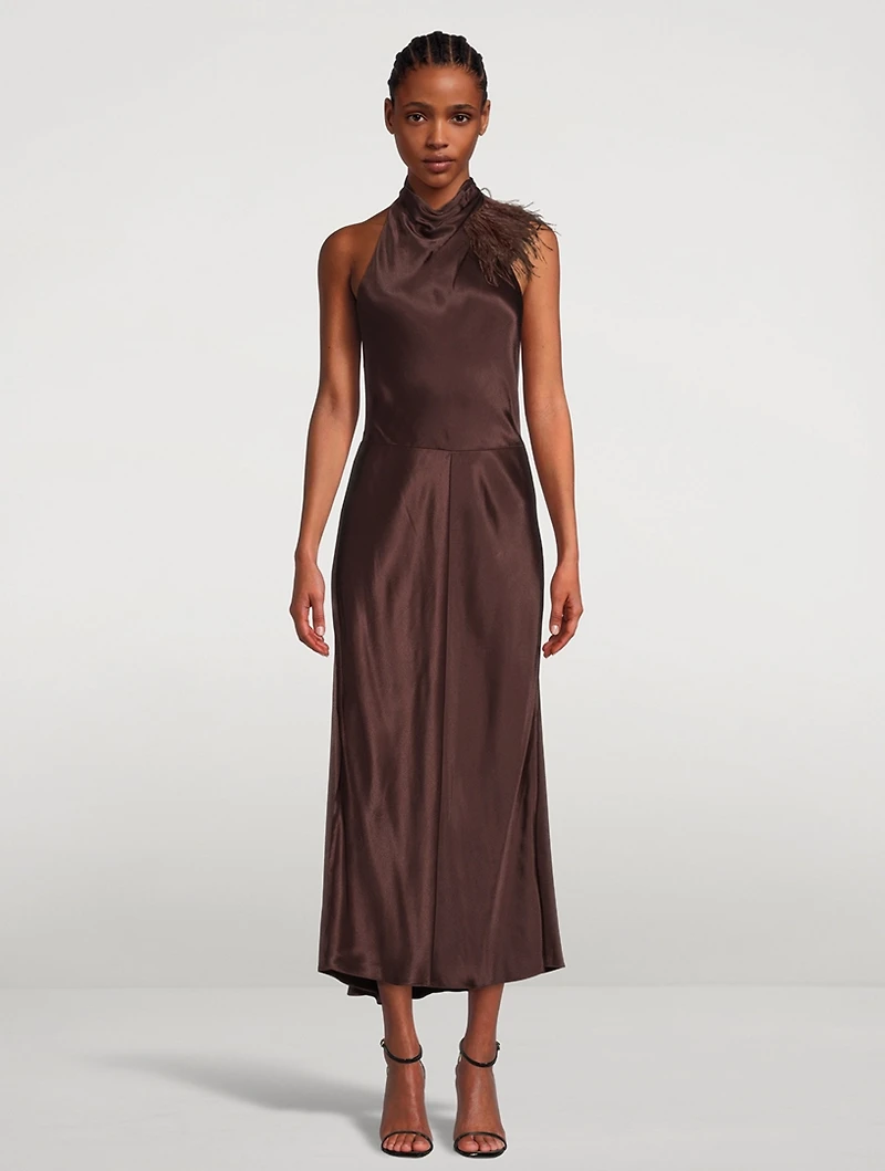 Sleeveless Halter Midi Dress With Feathers