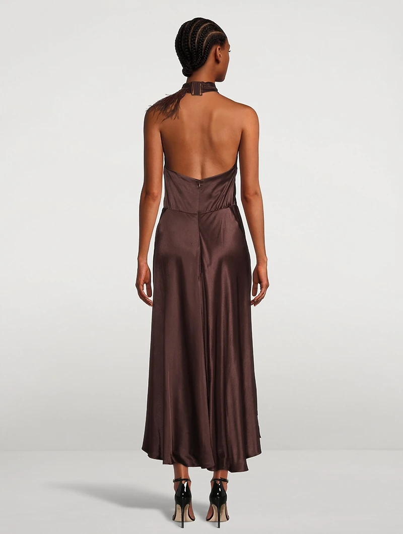 Sleeveless Halter Midi Dress With Feathers