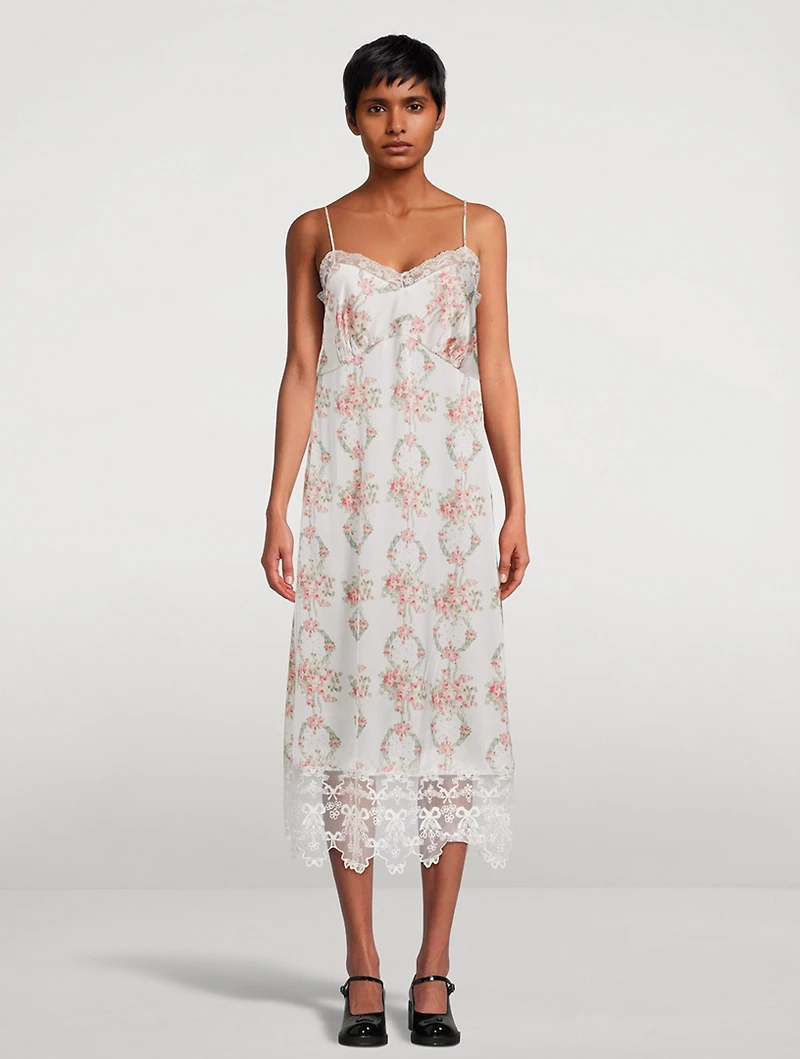 Lace-Trimmed Slip Dress Wreath Print