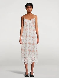 Lace-Trimmed Slip Dress Wreath Print