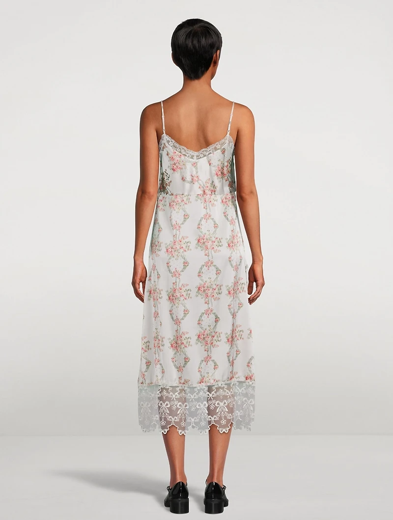 Lace-Trimmed Slip Dress Wreath Print