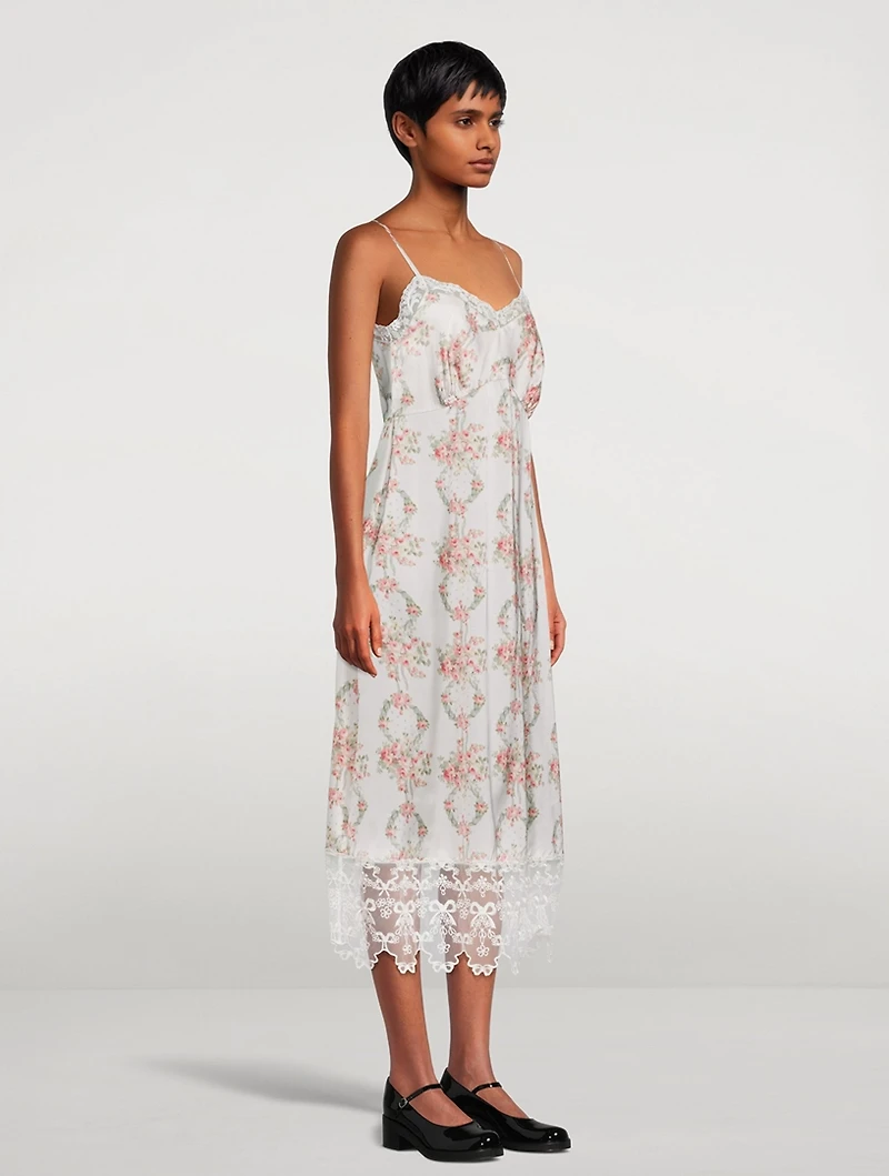 Lace-Trimmed Slip Dress Wreath Print