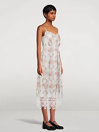 Lace-Trimmed Slip Dress Wreath Print