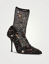 Crystal-Embroidered Mesh Sock Boots