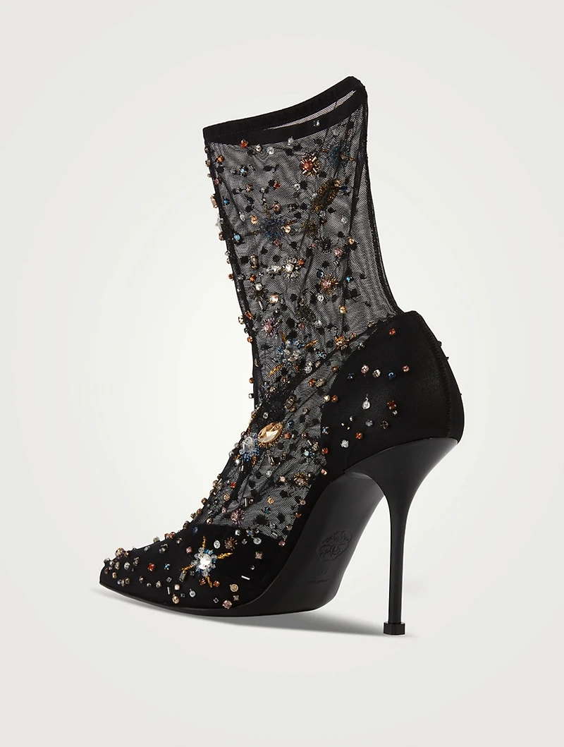 Crystal-Embroidered Mesh Sock Boots