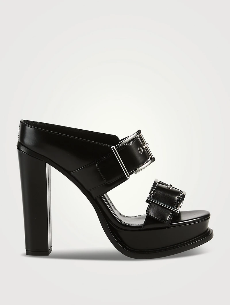 Double Buckle Leather Platform Mules