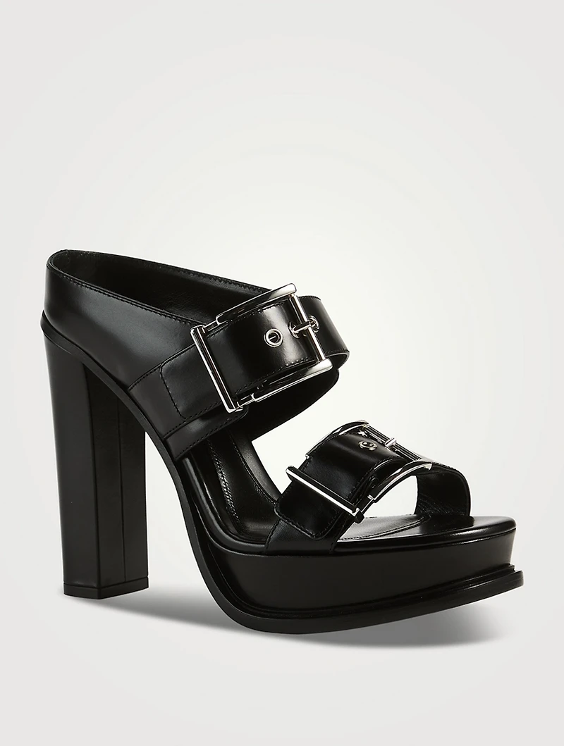 Double Buckle Leather Platform Mules
