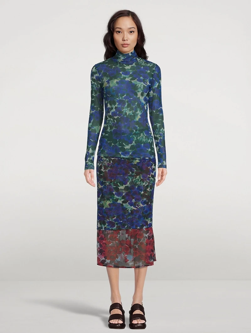 Heyser Mesh Jersey Turtleneck Floral Print