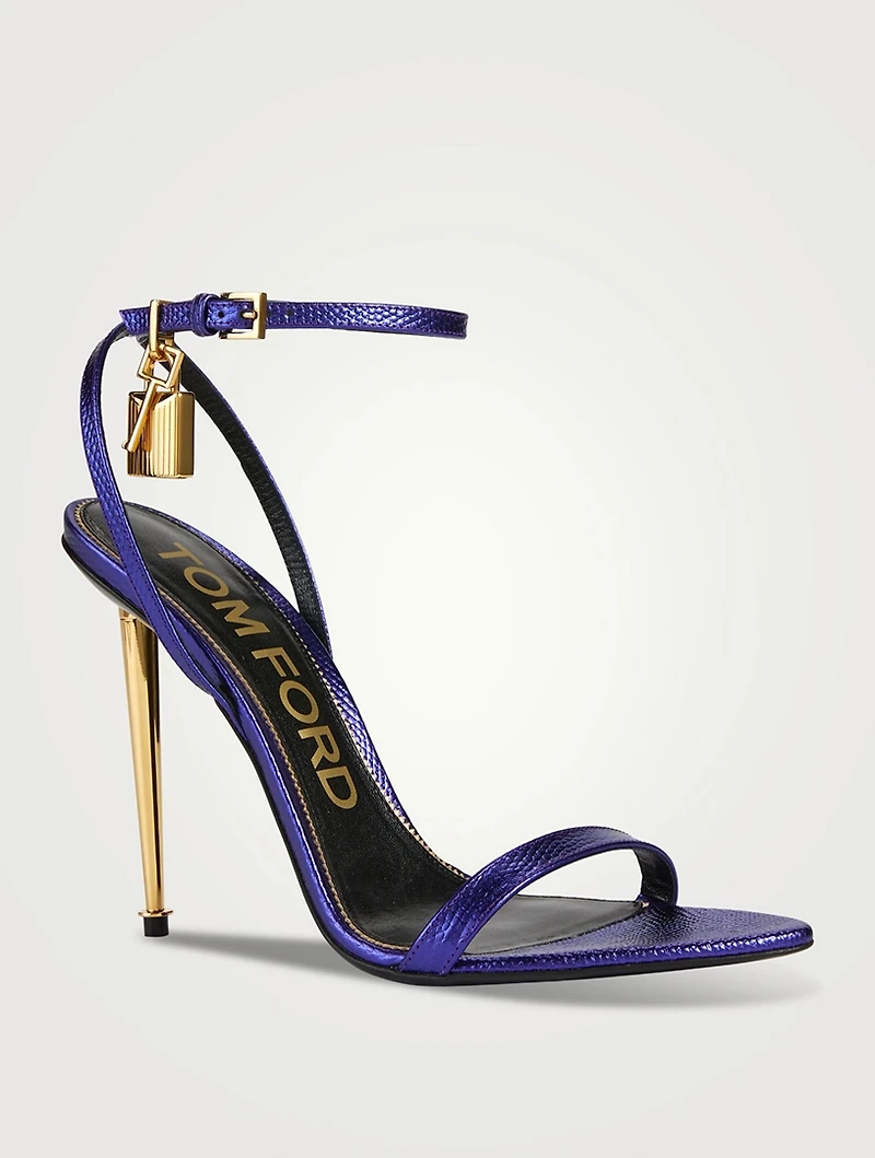 Lizard-Embossed Metallic Leather Sandals With Padlock