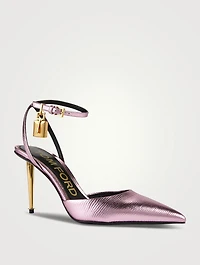 Lizard-Embossed Metallic Leather Pumps With Padlock