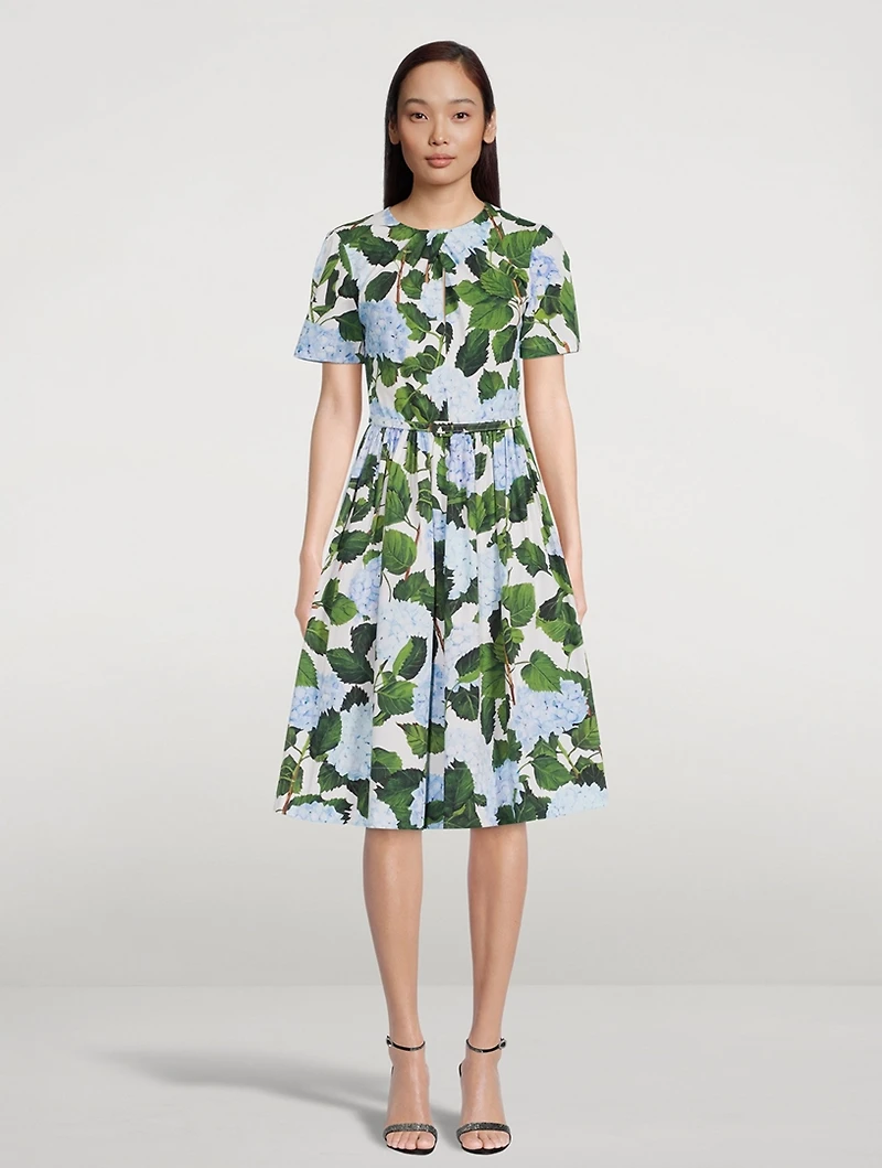 Twist-Front Poplin Midi Dress Hydrangea Print