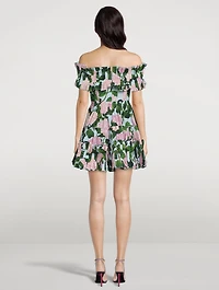 Off-The-Shoulder Poplin Dress Hydrangea Print