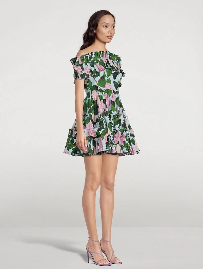 Off-The-Shoulder Poplin Dress Hydrangea Print