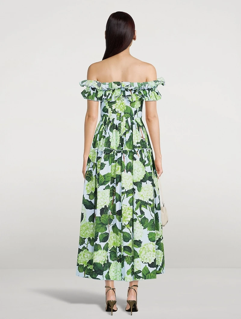 Off-The-Shoulder Poplin Dress Hydrangea Print