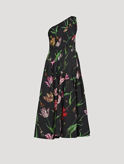 One-Shoulder Poplin Dress Tulip Mania Print
