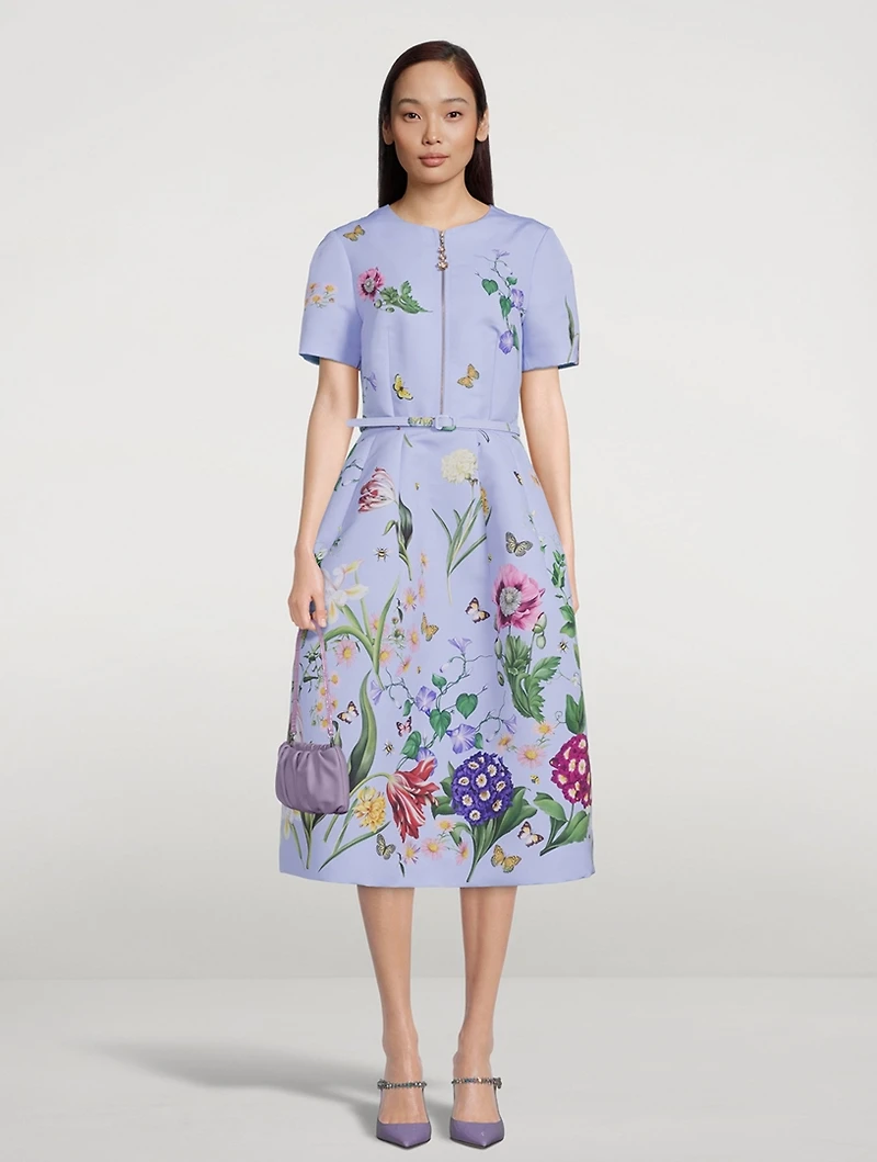 Zip-Front Faille Dress Multi-Floral Print