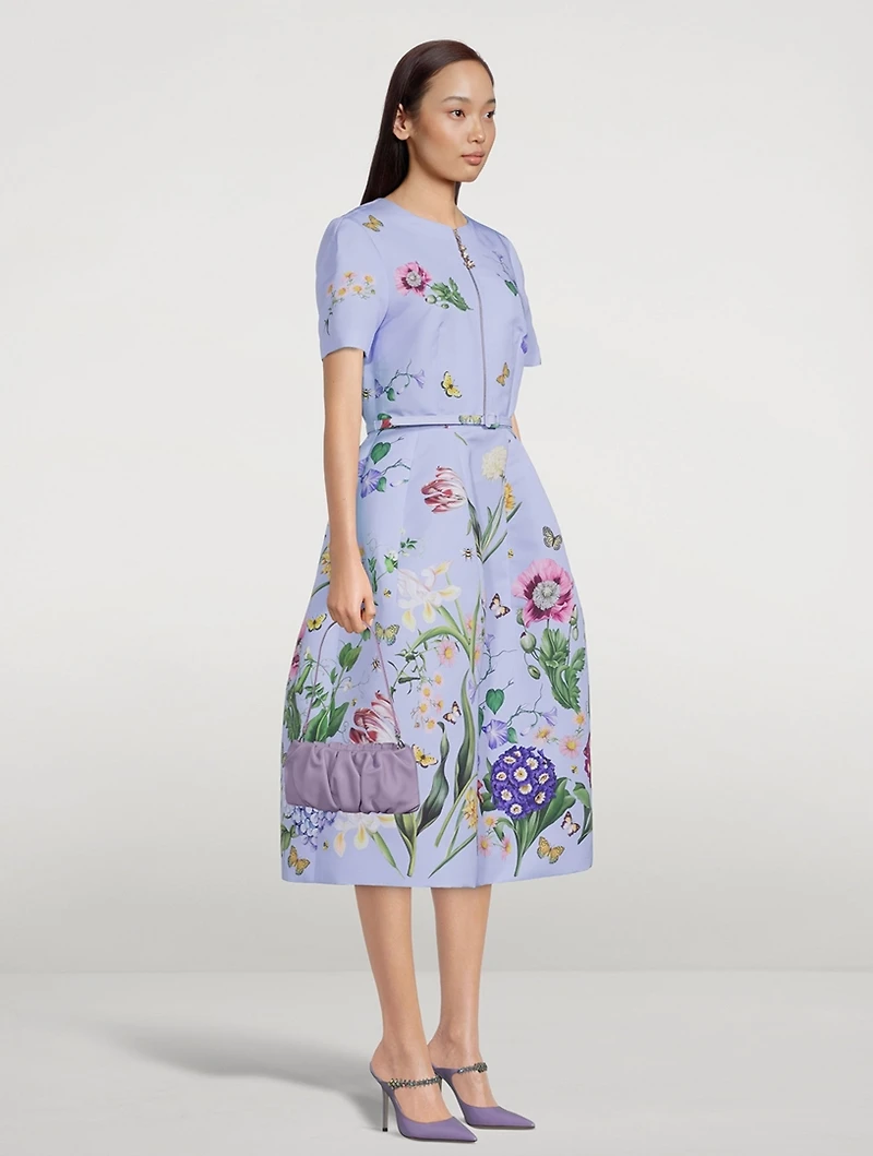 Zip-Front Faille Dress Multi-Floral Print