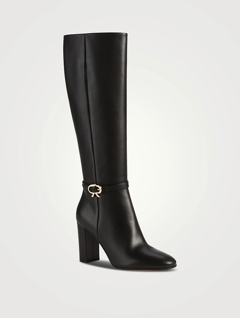 Ribbon Leather Knee-High Boots