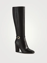 Ribbon Leather Knee-High Boots