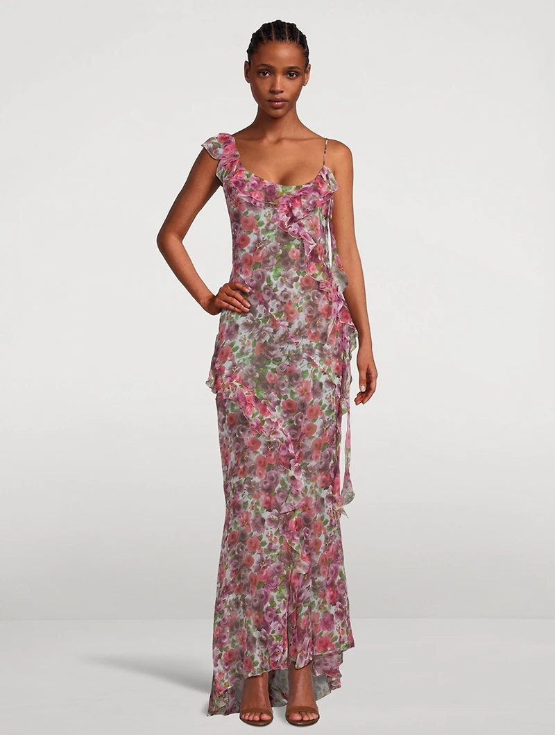 Asymmetric Silk Georgette Gown Floral Print