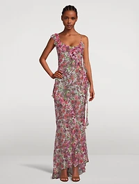 Asymmetric Silk Georgette Gown Floral Print