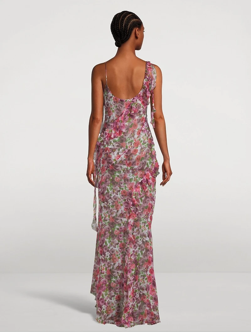 Asymmetric Silk Georgette Gown Floral Print