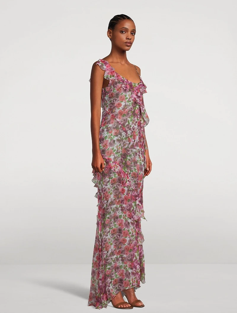 Asymmetric Silk Georgette Gown Floral Print