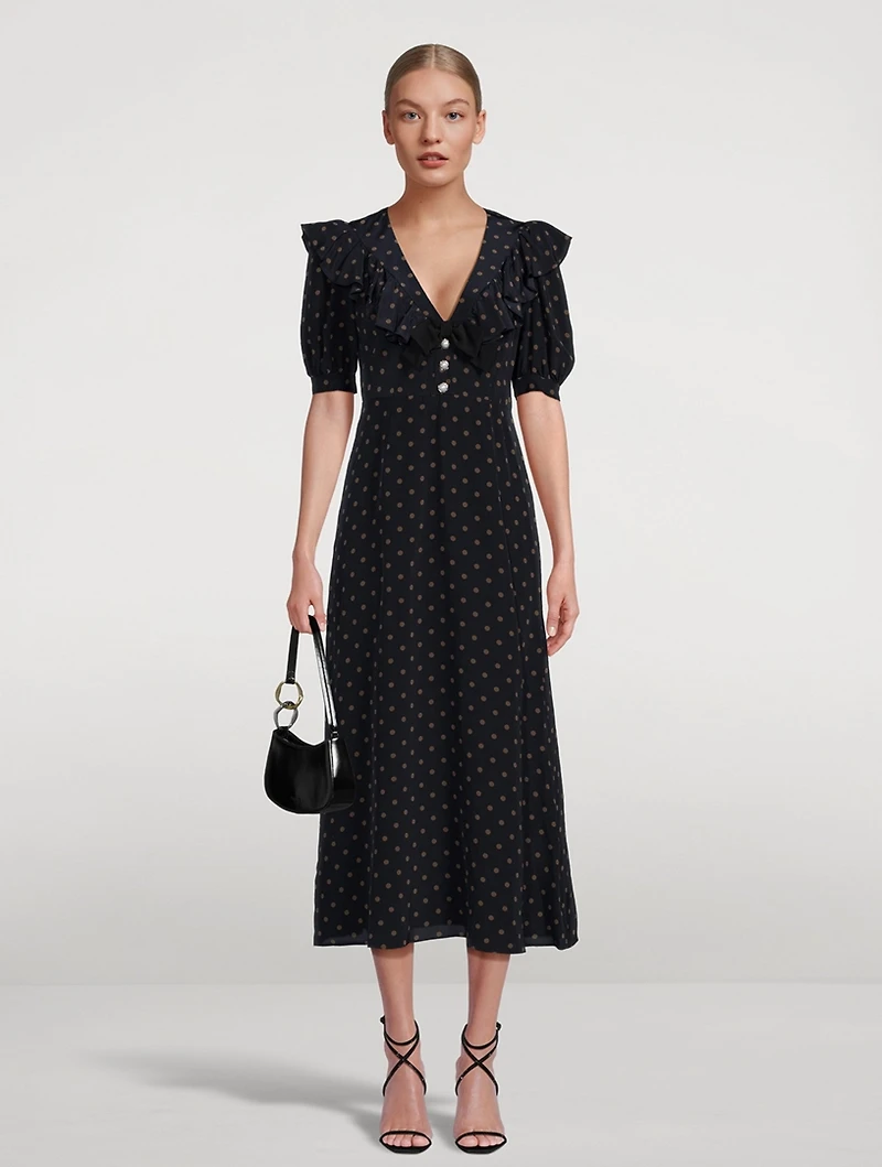 Ruffled Silk Dress Polka Dot Print
