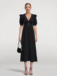 Ruffled Silk Dress Polka Dot Print