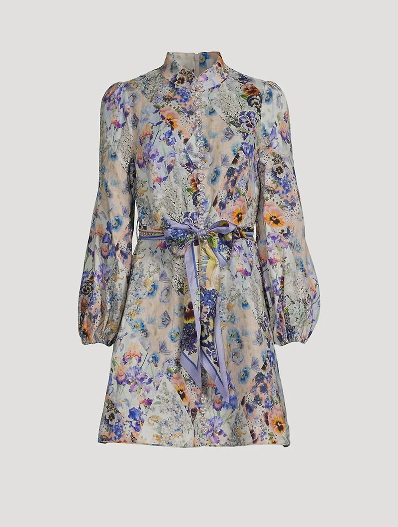 Tama Belted Linen Mini Shirt Dress Floral Print