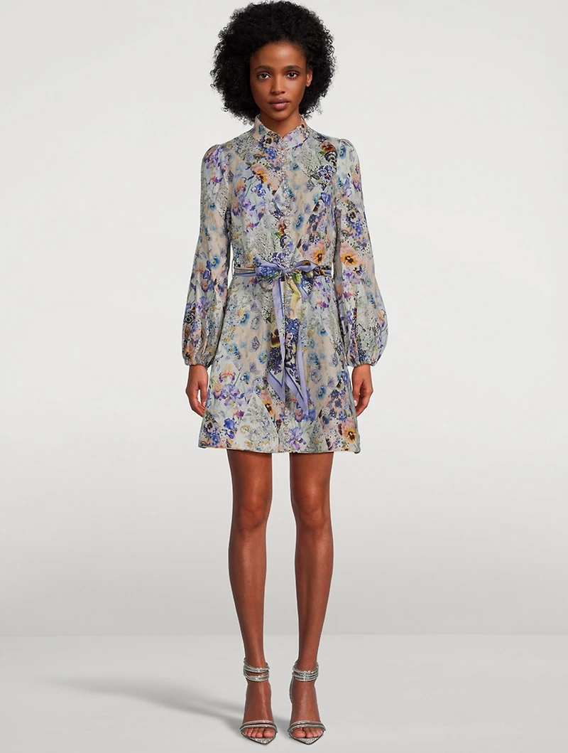 Tama Belted Linen Mini Shirt Dress Floral Print