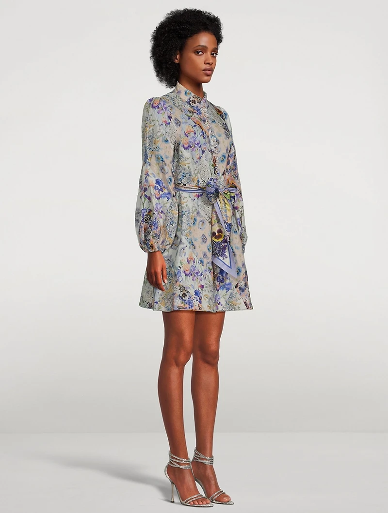 Tama Belted Linen Mini Shirt Dress Floral Print